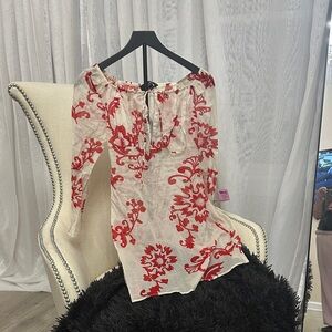 Aje Cream Off-Shoulder Blouse with Red Floral Motif